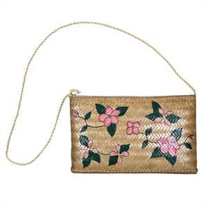 Vintage Pink Floral Hand Painted Woven Wicker Purse Pocketbook Bag